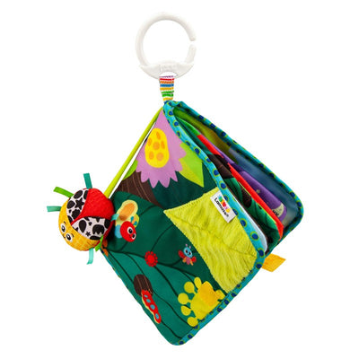 Colorful soft book featuring illustrations of flowers, insects, and textures, designed for babies, with a clip for easy attachment.
