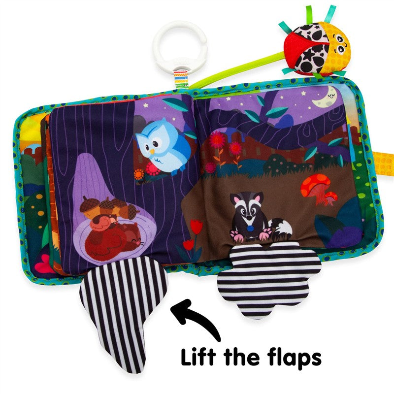 Soft fabric book featuring colorful animal illustrations and flaps to lift, designed for sensory exploration in infants.