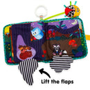 Soft fabric book featuring colorful animal illustrations and flaps to lift, designed for sensory exploration in infants.