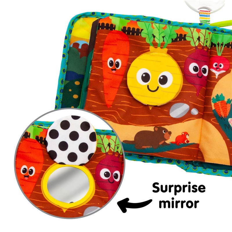 Colorful fabric baby book featuring fruits and vegetables, with a surprise mirror and playful characters.