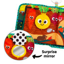 Colorful fabric baby book featuring fruits and vegetables, with a surprise mirror and playful characters.