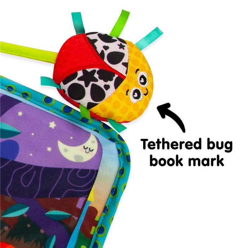 Lamaze Bitty Bug Soft Day Book featuring a colorful tethered bug bookmark with various textures and patterns.
