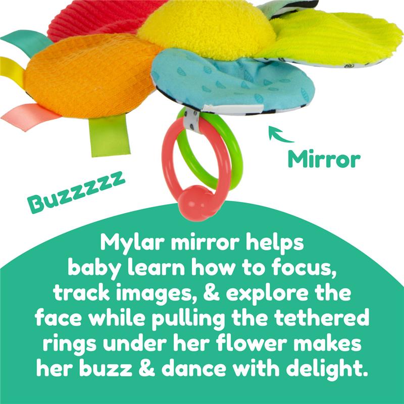 Lamaze Buzzy The Bee Clip & Go features colorful flower petals, a Mylar mirror, and playful rings for baby engagement.