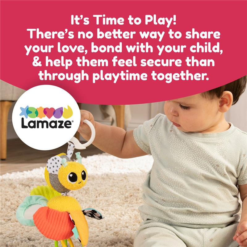 Child holding a colorful Lamaze Buzzy The Bee toy, promoting bonding and playtime together.
