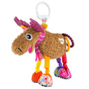Soft plush toy shaped like a moose, featuring colorful limbs and a clip for attaching to strollers or car seats.