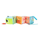 Colorful sensory fabric book shaped like a caterpillar, featuring bright illustrations and textures for babies.