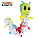 Colorful Lamaze Fidget Fun Caterpillar toy with a smiling green head, patterned body, and colorful tags for sensory play.