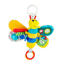 Soft, colorful toy featuring Freddie the Firefly with multiple textures and a clip for easy attachment.