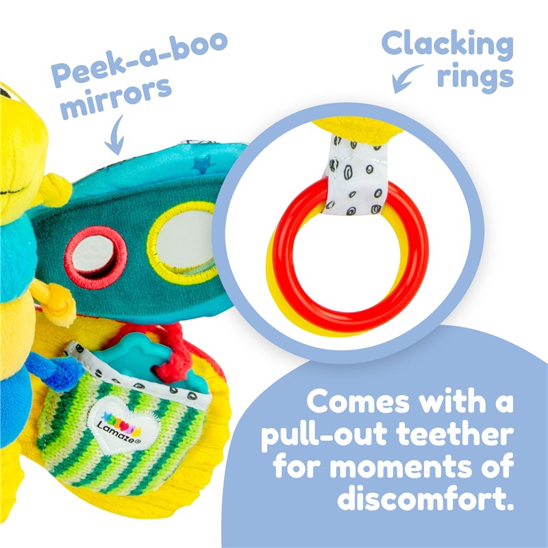 Lamaze Freddie the Firefly, featuring peek-a-boo mirrors, clacking rings, and a pull-out teether for infants.