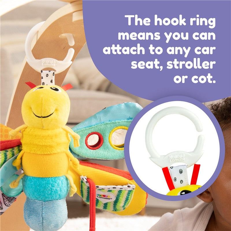Vibrant Lamaze Freddie the Firefly toy with colorful wings and a hook ring for easy attachment to car seats or strollers.