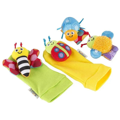 Colorful Lamaze Gardenbug 4-piece foot finder and wrist rattle set, featuring insect designs for sensory play.