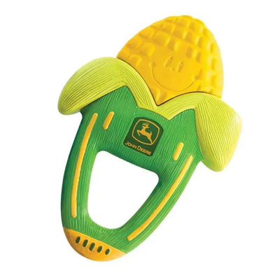 John Deere Massaging Corn Teether with a smiling corn design, featuring textured yellow and green surfaces for infants.