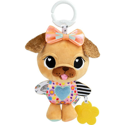 Lamaze Lovey The Pug Clip & Go, a plush toy with a pink bow, colorful patterned arms, and a yellow flower-shaped teether.