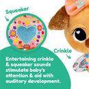 Lamaze Lovey The Pug Clip & Go toy with crinkle and squeaker sounds for baby’s auditory development.