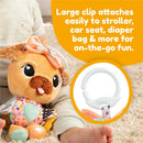 Colorful plush toy in the shape of a pug with a bow and large clip for easy attachment to strollers or bags.