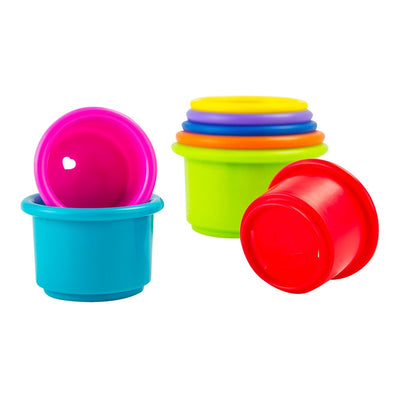 Colorful stacking cups in various sizes, featuring pink, blue, green, yellow, and orange, designed for play and learning.
