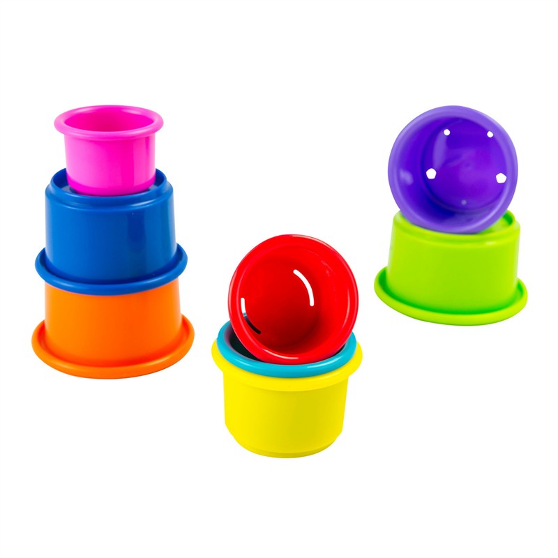 Colorful stacking cups in various sizes, including pink, blue, orange, red, yellow, and green, designed for children.