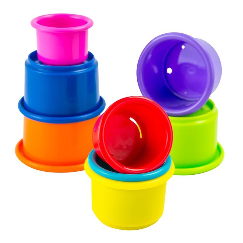 Colorful plastic stacking cups in various sizes, designed for toddlers to promote play and development.