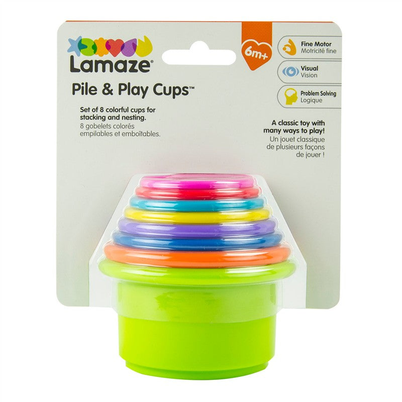 Set of 8 colorful stacking cups by Lamaze, designed for children aged 6 months and older, promoting fine motor skills and problem solving.