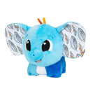 Plush blue elephant toy with patterned ears and a friendly face, designed as a sensory toy for babies and toddlers.