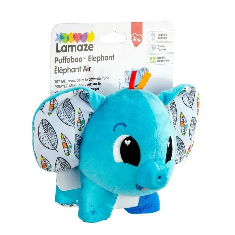 Blue stuffed elephant toy with colorful feather-patterned ears, designed for sensory play in babies and toddlers.