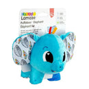 Blue stuffed elephant toy with colorful feather-patterned ears, designed for sensory play in babies and toddlers.