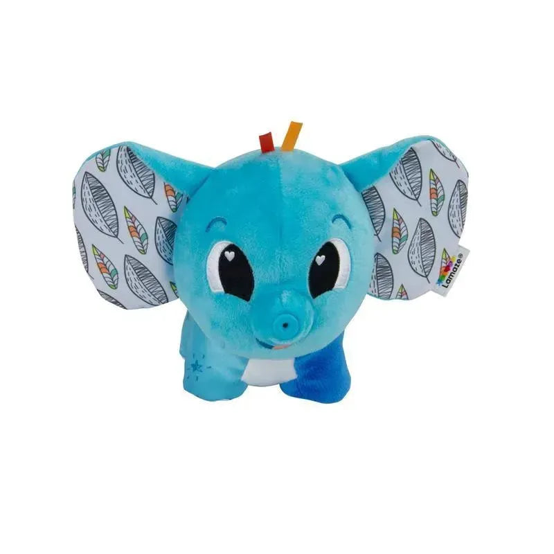 Blue plush elephant toy with patterned ears, designed for sensory play for babies and toddlers.