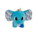 Blue plush elephant toy with patterned ears, designed for sensory play for babies and toddlers.