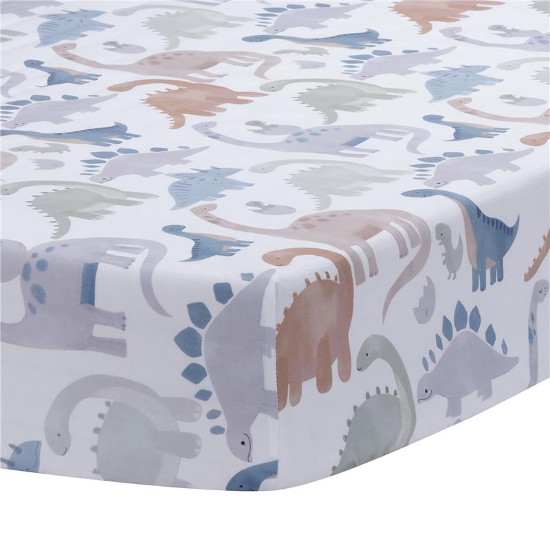 Crib sheet featuring a playful dinosaur pattern in blue, gray, and soft pastels for nursery bedding.