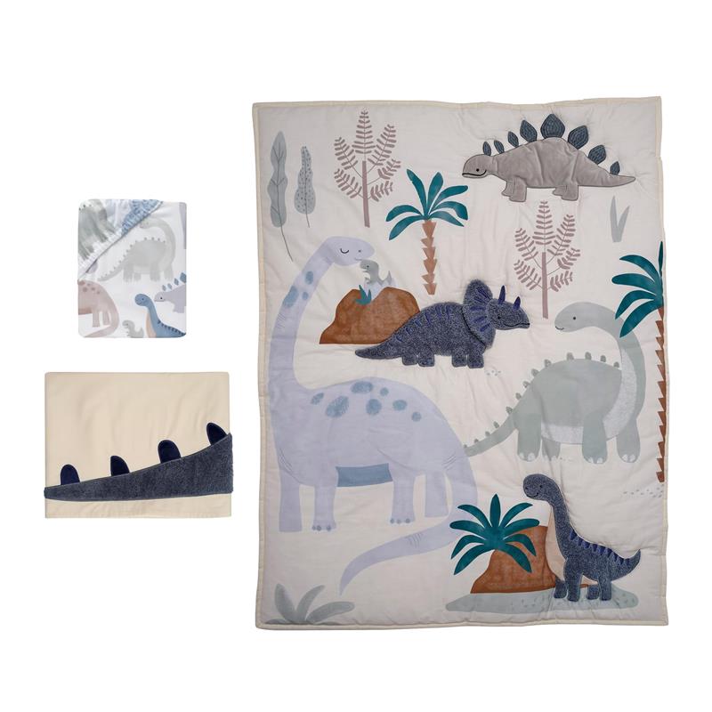Three-piece dinosaur-themed crib bedding set featuring a quilt with colorful dinosaur designs, and coordinating solids.