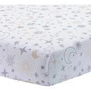 Crib bedding set featuring a white fabric with gray and gold stars, moons, and cosmic designs.