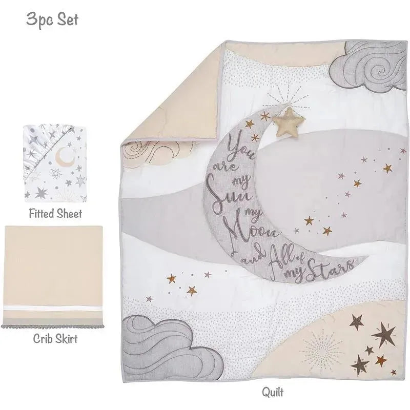 Goodnight Moon Baby Crib Bedding Set featuring a quilt with moon and star designs, fitted sheet with patterns, and a crib skirt.