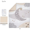 Goodnight Moon Baby Crib Bedding Set featuring a quilt with moon and star designs, fitted sheet with patterns, and a crib skirt.