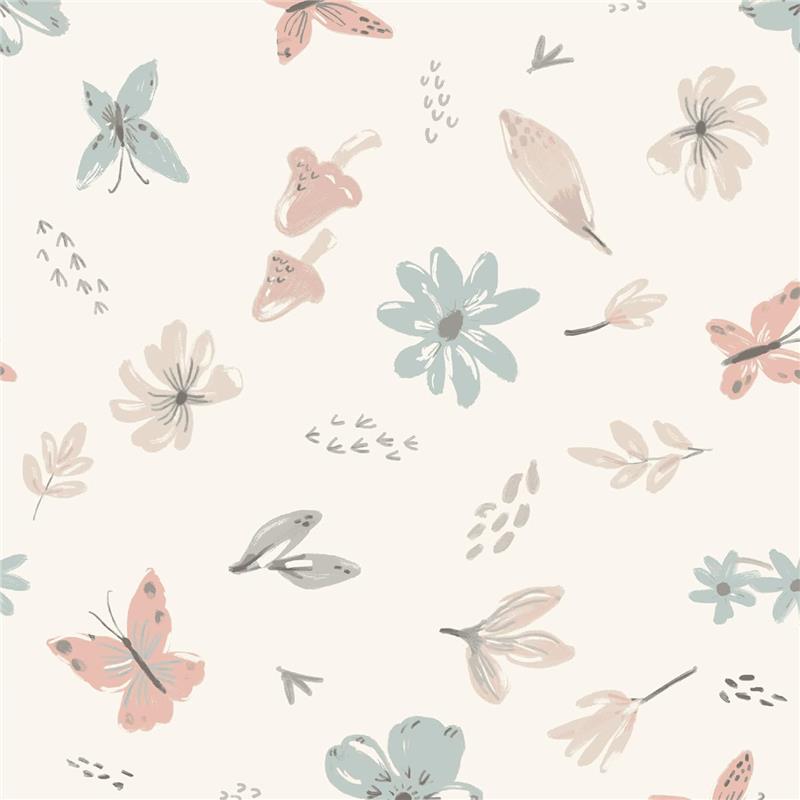Watercolor floral and butterfly design in soft pastel colors on a cream background, suitable for a baby crib sheet.