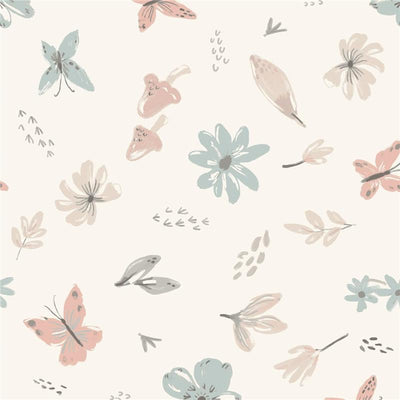 Watercolor floral and butterfly design in soft pastel colors on a cream background, suitable for a baby crib sheet.