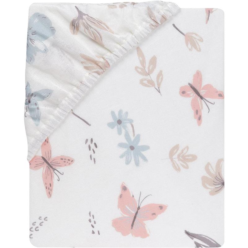 Cotton fitted crib sheet featuring a watercolor floral and butterfly design in soft pastel colors.