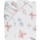 Cotton fitted crib sheet featuring a watercolor floral and butterfly design in soft pastel colors.