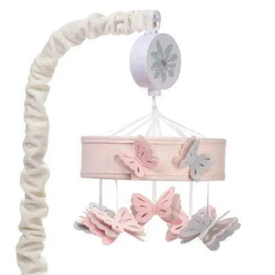 Pink and gray butterfly-themed musical crib mobile with soft fabric accents, designed for baby soothing.