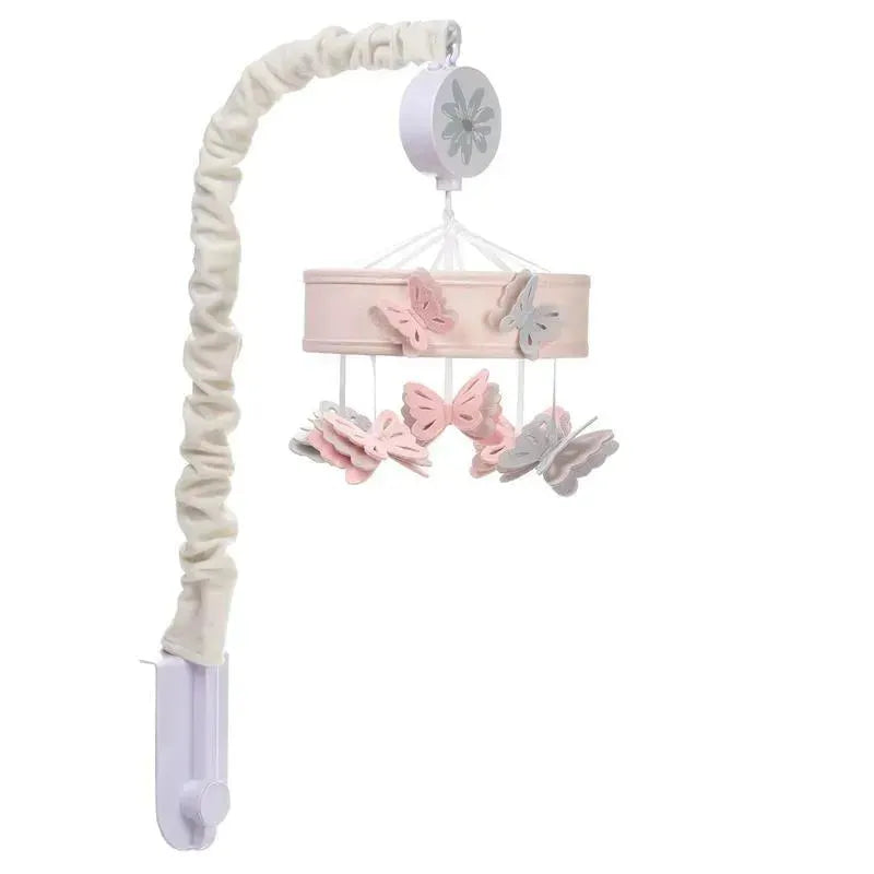 Musical baby crib mobile featuring a pink and gray butterfly design, designed to soothe infants with gentle melodies.