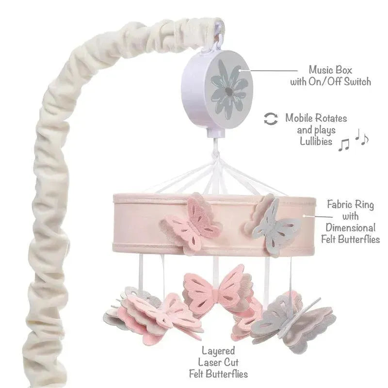 Pink butterfly crib mobile with felt butterflies, music box, and an on/off switch, designed to soothe infants with lullabies.