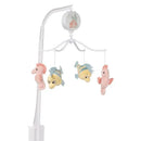 Musical crib mobile featuring plush characters from The Little Mermaid, including sea horses and fish, in soft pastel colors.