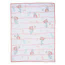 White baby blanket featuring Ariel from Disney’s The Little Mermaid, with pink stripes and underwater motifs.