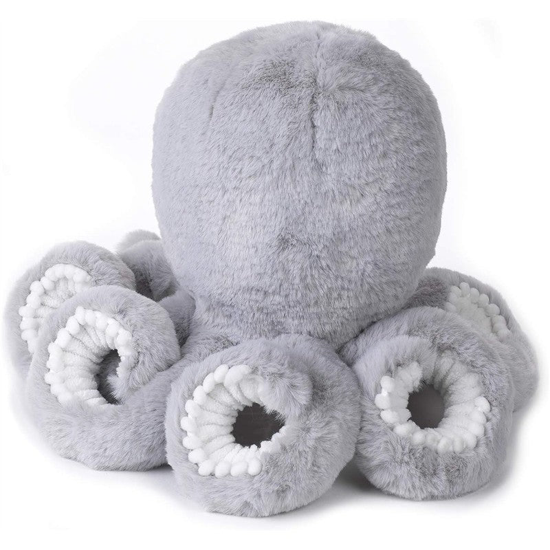 Plush gray octopus toy with white accents and eight tentacles, designed for cuddling and play.