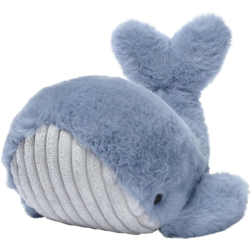 Soft blue plush whale toy featuring a round body, textured white underside, and flippers, ideal for cuddling and play.