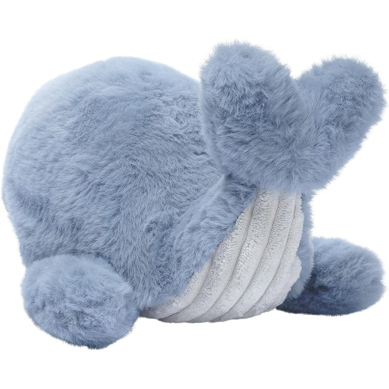 Plush blue whale toy with a soft, furry texture, featuring a white striped belly and round fins.