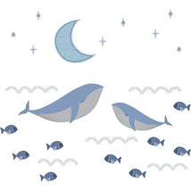 Lambs & Ivy Bubble & Squirt wall decals featuring two blue whales, small fish, and a crescent moon with stars.