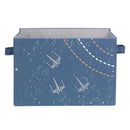 Collapsible storage bin in a galaxy theme, featuring blue fabric with star and spaceship designs.