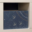 Collapsible storage bin organizer featuring a galaxy design with starry background and spaceship illustrations.