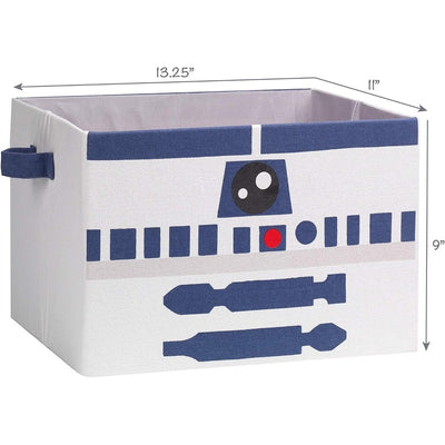 Collapsible storage bin featuring R2-D2 design, measuring 13.25” x 11” x 9”, with blue and white colors and handles.