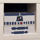 Collapsible storage bin featuring a graphic design of R2-D2 from Star Wars, with blue and white colors and details.